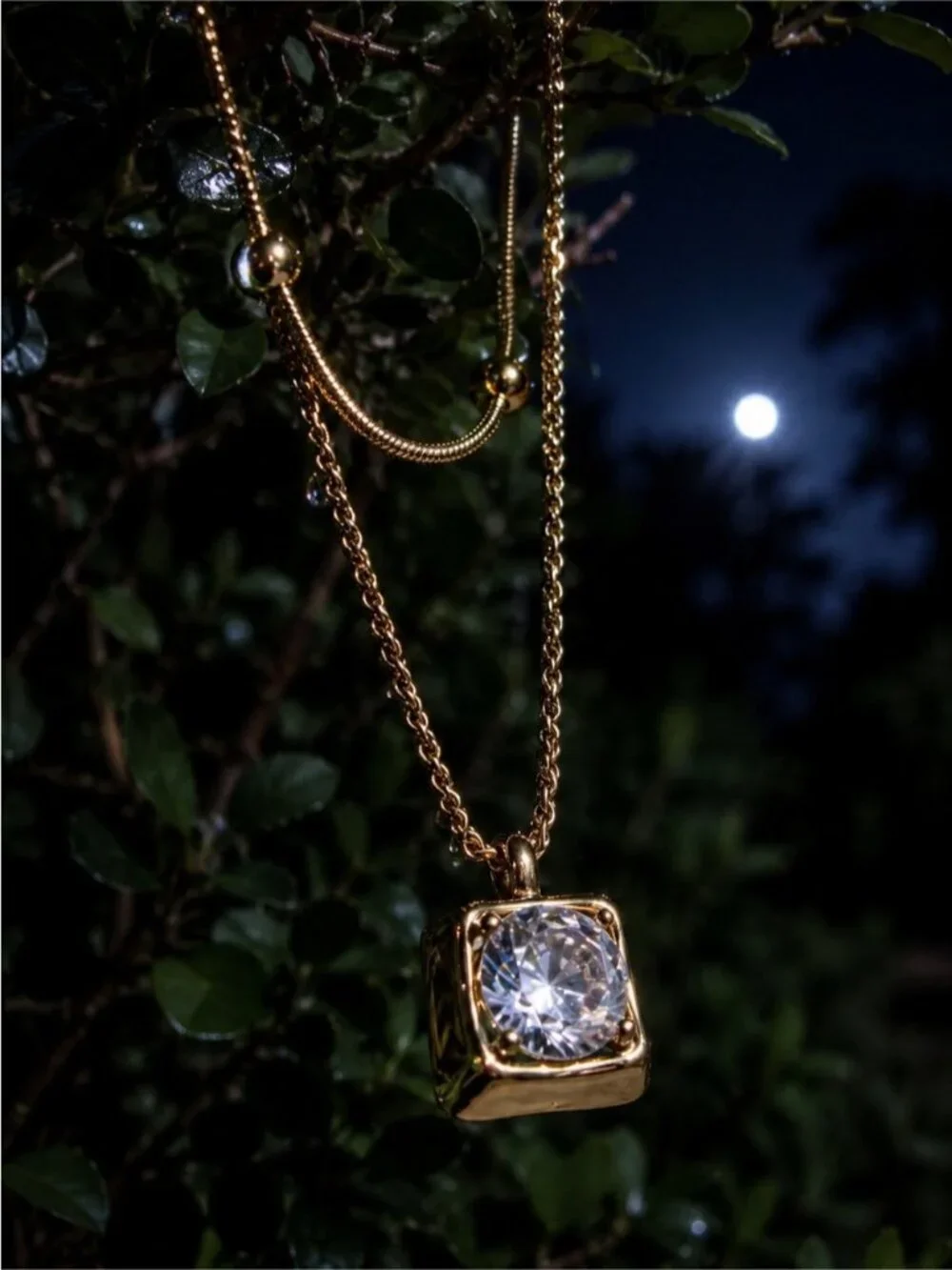 Gold Toned Pendant Necklace with Clear Stone